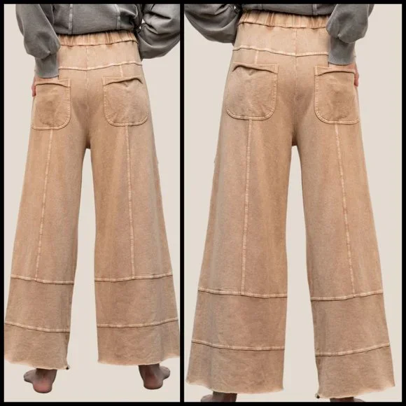 EASEL "Perfect Cargo" Terry Knit Mineral Washed Flared Leg Pants Raw Hem & Seams - Picture 6 of 15